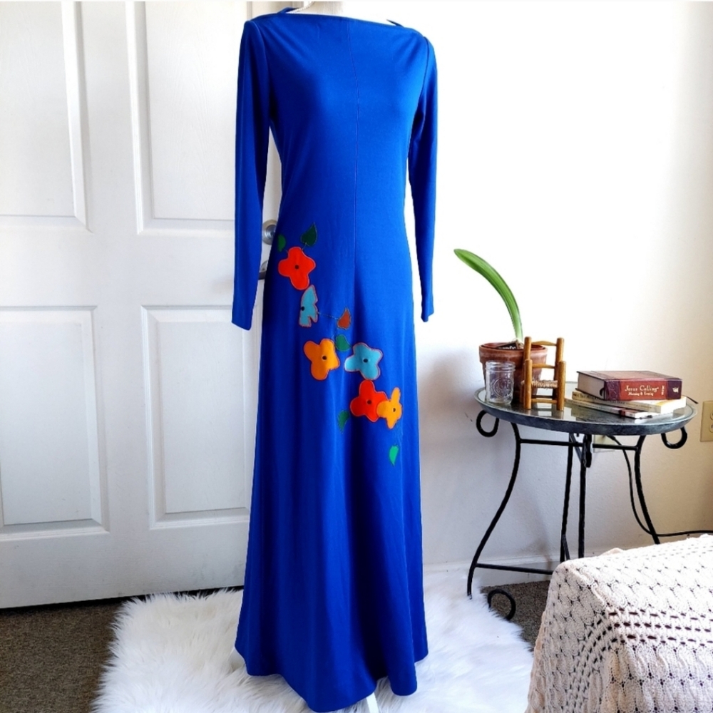 Vintage concept 70s swirl bright blue floral applique maxi dress small